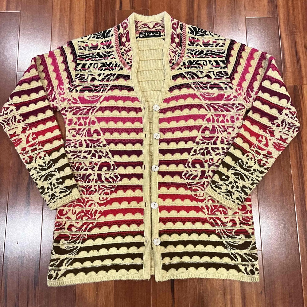 Modrena Multicolor Red Cardigan Button-Up Knitted Collared Long-Sleeve Size L